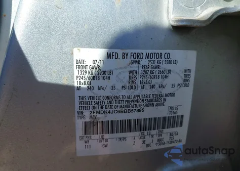 2011 Ford Edge Sel из США, поврежденный, VIN 2FMDK4JC6BBB57895